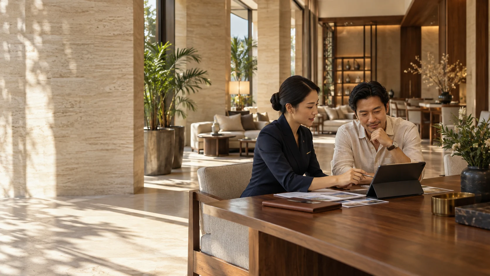 Người phụ trách vận hành cùng chủ cơ sở trao đổi công việc.