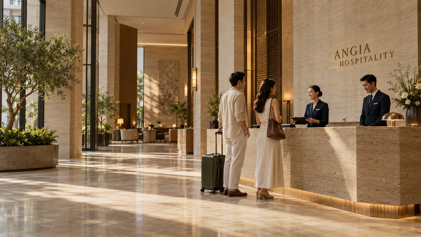 Đón khách tại quầy lễ tân ANGIA Hospitality.