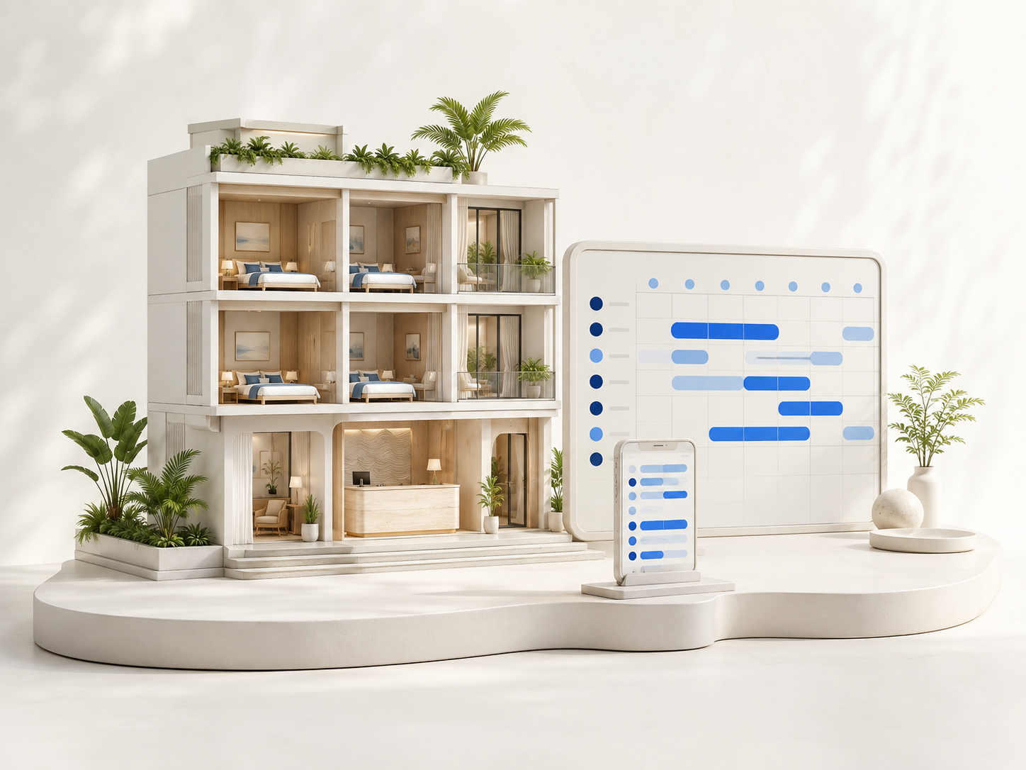 Minh họa cơ sở lưu trú cùng lịch phòng và booking trên PMS