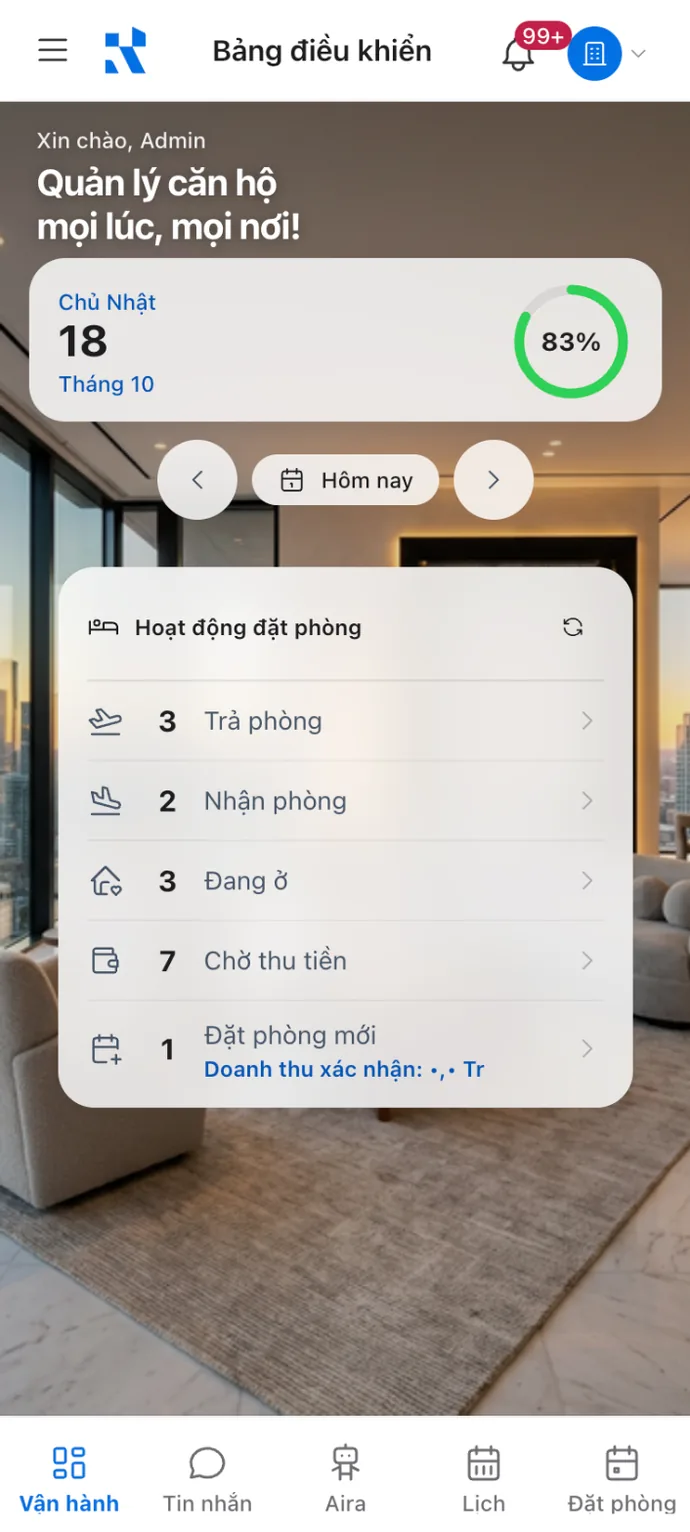 Bảng điều khiển trong ngày trên Roomrise: trả phòng, nhận phòng, đang ở, chờ thu tiền