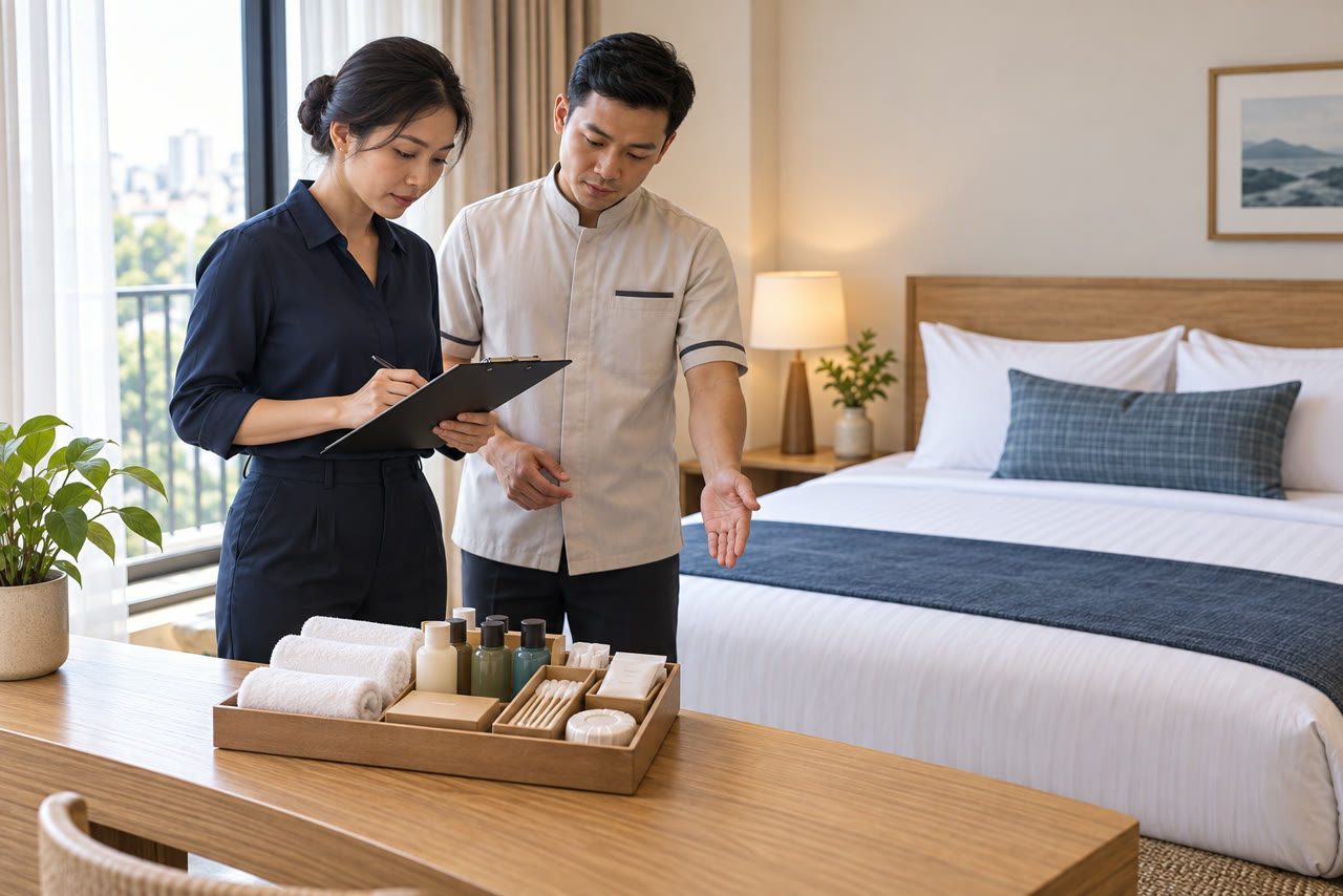 Minh họa kiểm tra phòng và hướng dẫn đội ngũ trước khai trương