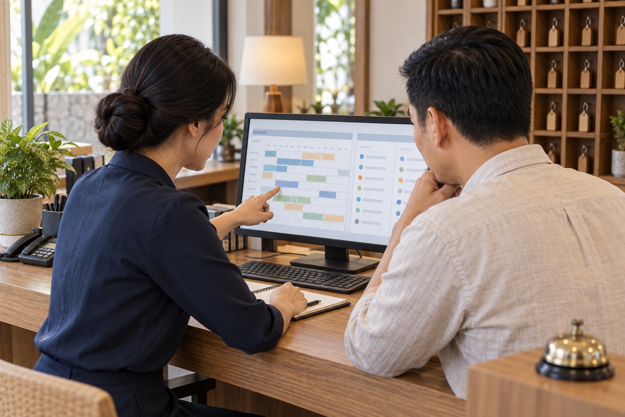 Minh họa rà soát lịch phòng, booking và doanh thu tại cơ sở đang hoạt động